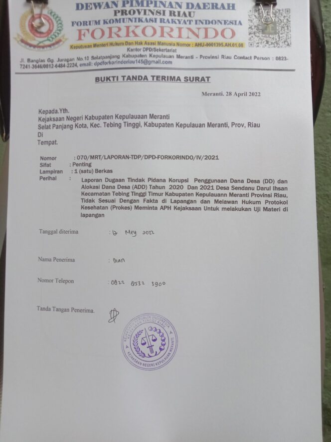 
					Foto berkas tanda terima laporan LSM Forkorindo ke Kejari Meranti.
