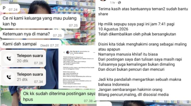 
 Foto : Tangkapan layar whatsapp keluarga untuk memulangkan HP yang diduga diambil