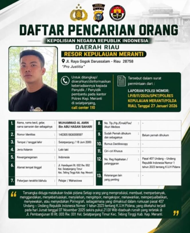 
 Diduga Terlibat Kasus Pornografi, Pria di Meranti Masuk DPO