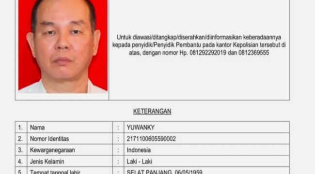 Yuwanky alias Yuwanki, pengusaha Planet Batam yang ditetapkan Bareskrim Polri sebagai DPO. Pria berusia 67 tahun tersebut diketahui kelahiran Selatpanjang.