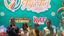 Empat peserta penari SDN 2 Selatpanjang yang dibina Sanggar Bestari Meranti saat mengikuti Lomba Tari Taja Karimun 2026. Keempatnya berhasil meraih Juara Terbaik III.