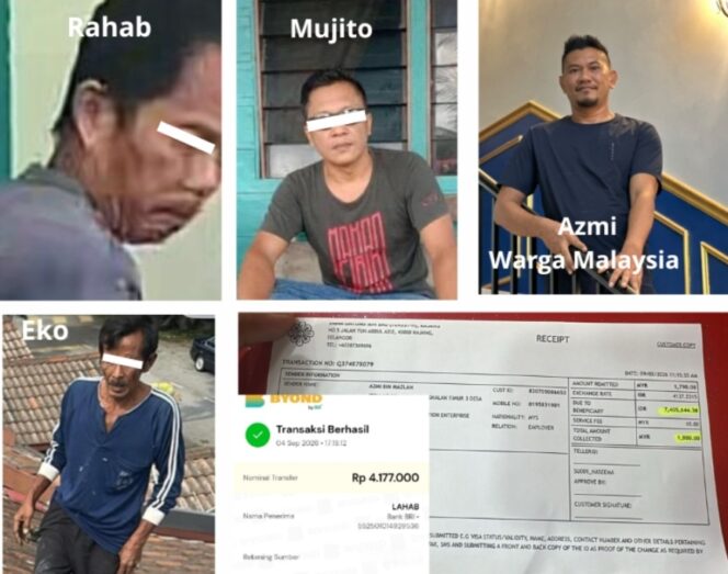 
 Bukti transaksi elektronik yang ditunjukkan warga negara Malaysia, Azmi, serta dokumentasi tiga orang warga Selatpanjang yang disebut dalam keterangannya terkait rencana keberangkatan ke Malaysia.