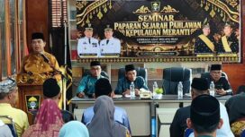 Ketua Umum DPH LAMR Kabupaten Kepulauan Meranti, Datuk Seri Afrizal Cik, saat menyampaikan paparan dalam Seminar Sejarah Pahlawan Kepulauan Meranti di Balai Adat LAMR, Selatpanjang, Sabtu (10/10/2026).